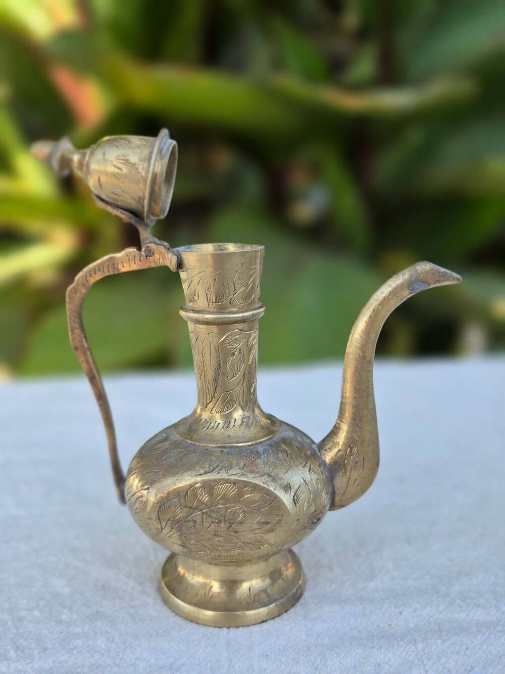 Vintage Hand-Etched Brass Ewer Pitcher With Hinged Lid